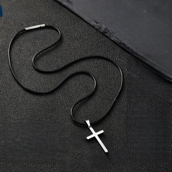 Stainless Steel Geometric Cross Pendant Necklace With Leather Rope Chain Electroplated Simple Fashion Jewelry For Couples