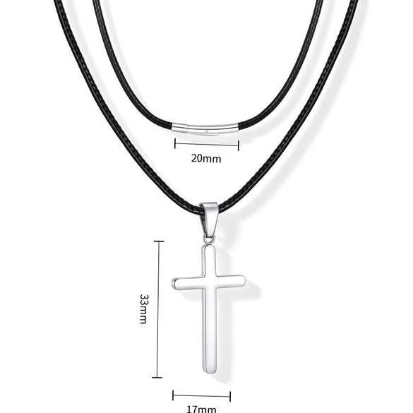 Stainless Steel Geometric Cross Pendant Necklace With Leather Rope Chain Electroplated Simple Fashion Jewelry For Couples