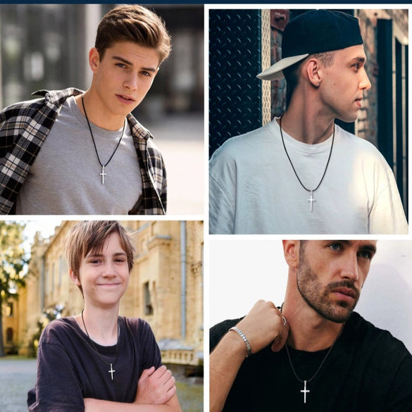 Stainless Steel Geometric Cross Pendant Necklace With Leather Rope Chain Electroplated Simple Fashion Jewelry For Couples