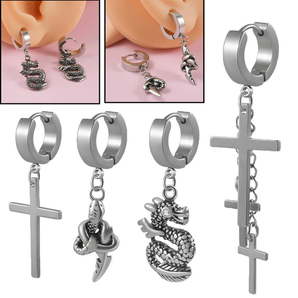 Stainless Steel Geometric Cross Snake Dragon Ear Stud Earring