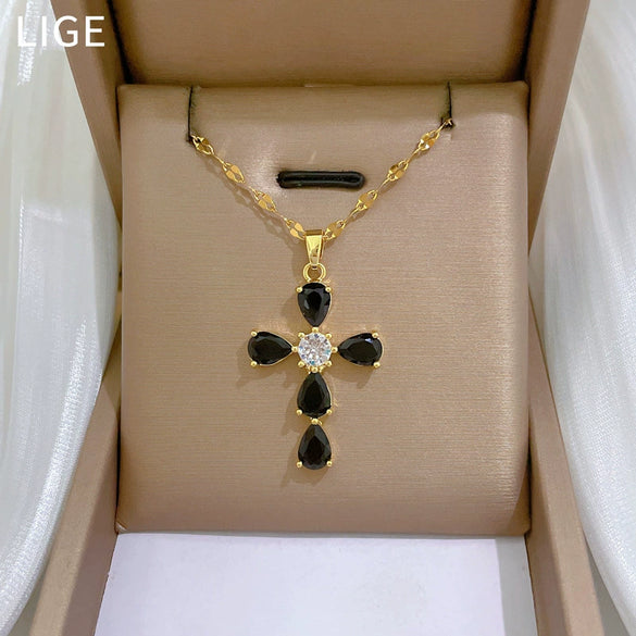 Stainless Steel Geometric Cross Zircon Light Luxurious Necklace