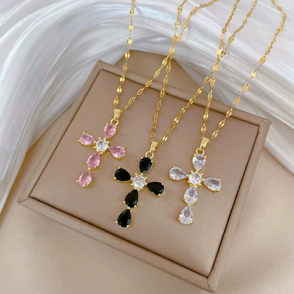 Stainless Steel Geometric Cross Zircon Light Luxurious Necklace