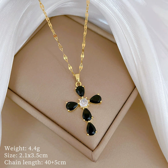 Stainless Steel Geometric Cross Zircon Light Luxurious Necklace