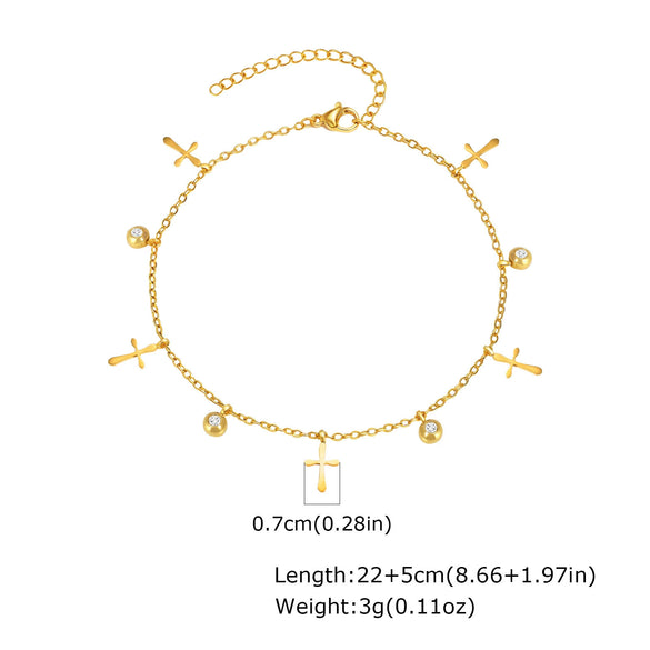 Stainless Steel Geometric Crown Butterfly Cross Ball Bead Zircon Anklet For Women