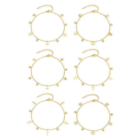 Stainless Steel Geometric Crown Butterfly Cross Ball Bead Zircon Anklet For Women