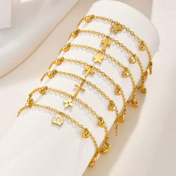 Stainless Steel Geometric Crown Butterfly Cross Ball Bead Zircon Anklet For Women