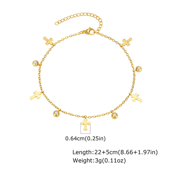Stainless Steel Geometric Crown Butterfly Cross Ball Bead Zircon Anklet For Women