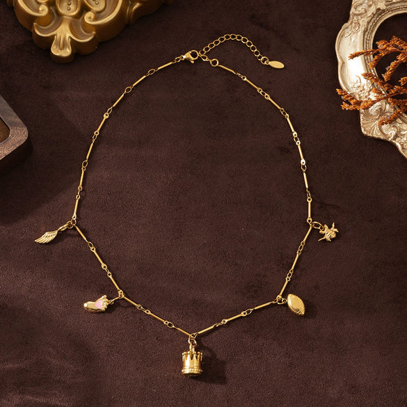 Stainless Steel Geometric Crown Wings Pendant Necklace With Vacuum Plated 18K Gold Color