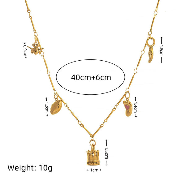 Stainless Steel Geometric Crown Wings Pendant Necklace With Vacuum Plated 18K Gold Color