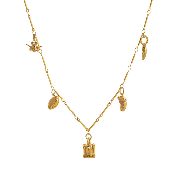 Stainless Steel Geometric Crown Wings Pendant Necklace With Vacuum Plated 18K Gold Color