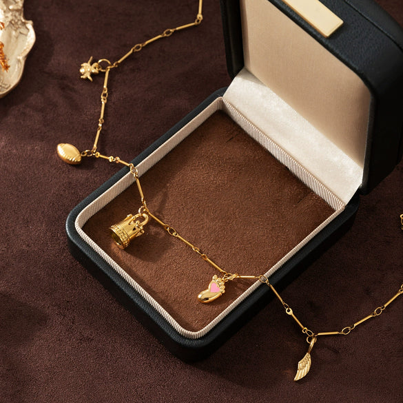 Stainless Steel Geometric Crown Wings Pendant Necklace With Vacuum Plated 18K Gold Color