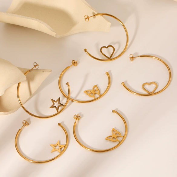 Stainless Steel Geometric Cshaped Butterfly Heart Fivepointed Star Earrings Jewelry Electroplated