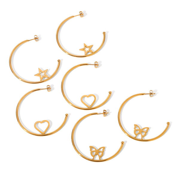 Stainless Steel Geometric Cshaped Butterfly Heart Fivepointed Star Earrings Jewelry Electroplated