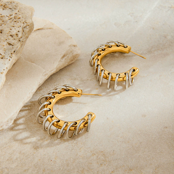 Stainless Steel Geometric Cshaped Interlocking Ring Circle Tassel Earrings With 18K Goldplated Electroplating For Women
