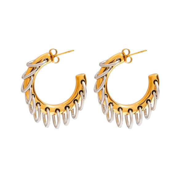Stainless Steel Geometric Cshaped Interlocking Ring Circle Tassel Earrings With 18K Goldplated Electroplating For Women