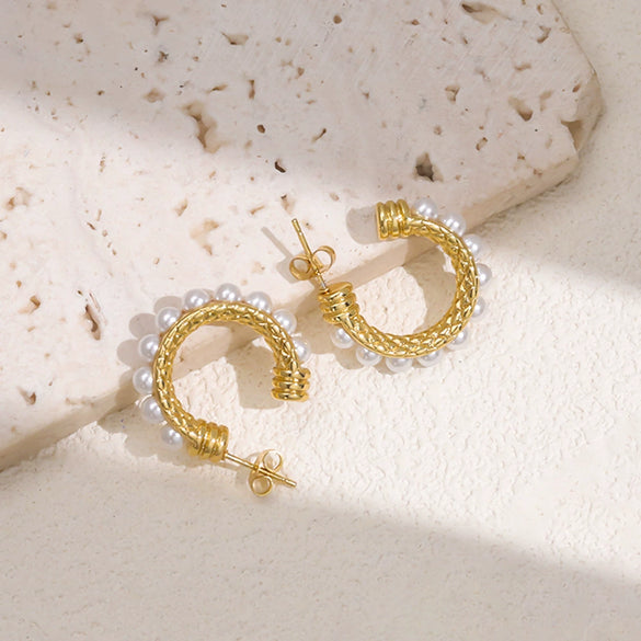 Stainless Steel Geometric Cshaped Pearl Earrings For Women