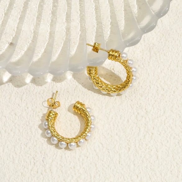 Stainless Steel Geometric Cshaped Pearl Earrings For Women