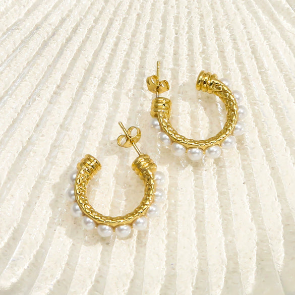 Stainless Steel Geometric Cshaped Pearl Earrings For Women
