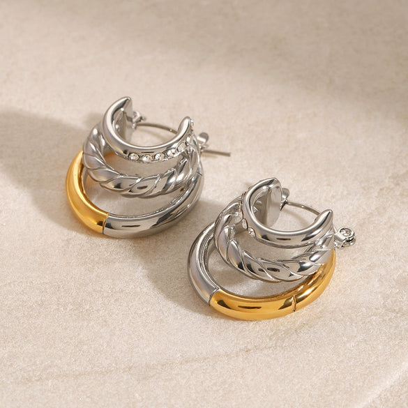 Stainless Steel Geometric Cshaped Threelayer Earrings With Electroplating French Retro Style Women's Jewelry