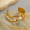 Stainless Steel Geometric Cut Out Pearl Inlaid Open Bracelet Plated With 18K Gold For Women Fashion Jewelry