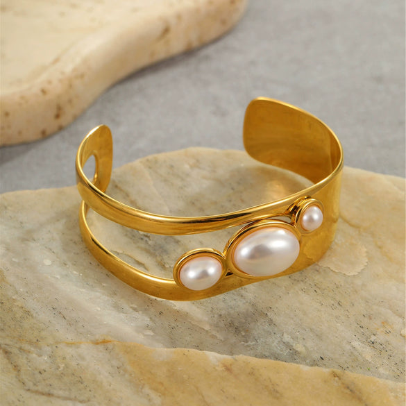 Stainless Steel Geometric Cut Out Pearl Inlaid Open Bracelet Plated With 18K Gold For Women Fashion Jewelry