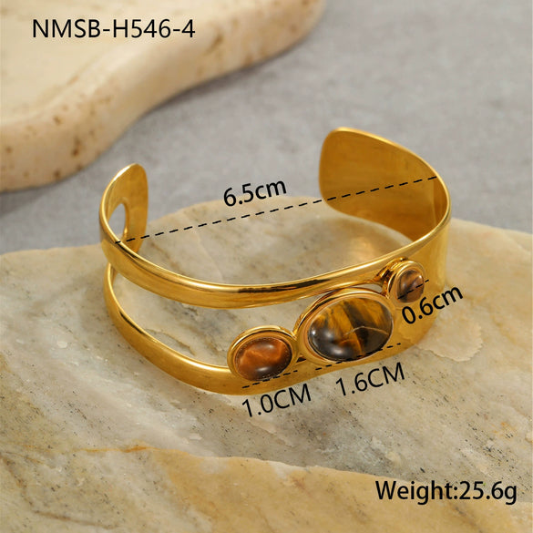 Stainless Steel Geometric Cut Out Pearl Inlaid Open Bracelet Plated With 18K Gold For Women Fashion Jewelry