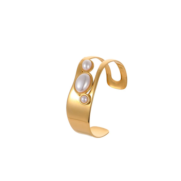 Stainless Steel Geometric Cut Out Pearl Inlaid Open Bracelet Plated With 18K Gold For Women Fashion Jewelry