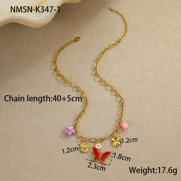 Stainless Steel Geometric Daisy Butterfly Pendant Necklace With Electroplating Fashion Style