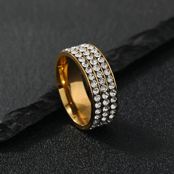 Stainless Steel Geometric Diamond Accent Ring For Women And Couples Fashion Three Row Jewelry