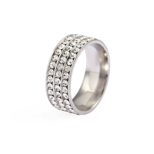 Stainless Steel Geometric Diamond Accent Ring For Women And Couples Fashion Three Row Jewelry