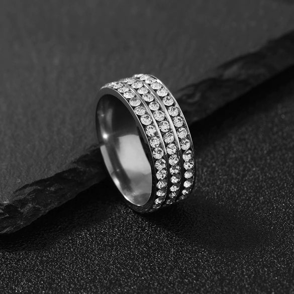 Stainless Steel Geometric Diamond Accent Ring For Women And Couples Fashion Three Row Jewelry