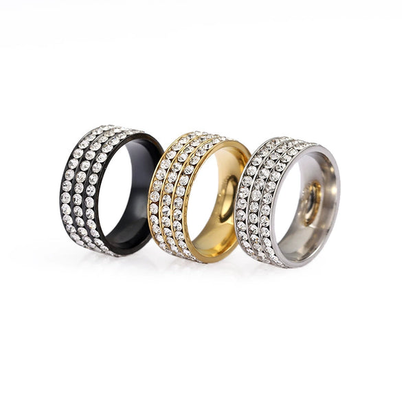 Stainless Steel Geometric Diamond Accent Ring For Women And Couples Fashion Three Row Jewelry