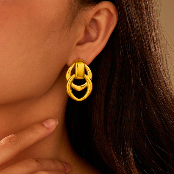 Stainless Steel Geometric Doublering Earrings Electroplated With Gold For Women
