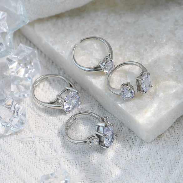 Stainless Steel Geometric Drop Shape Diamond Inlaid Opening Ring Electroplated Women's Jewelry