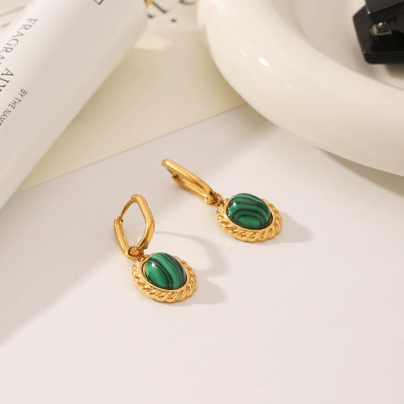 Stainless Steel Geometric Earrings With Malachite Inlay And Pvd Process For Women
