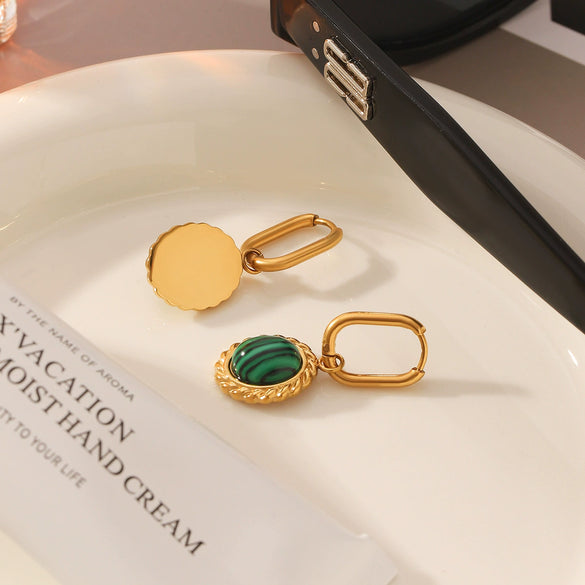 Stainless Steel Geometric Earrings With Malachite Inlay And Pvd Process For Women