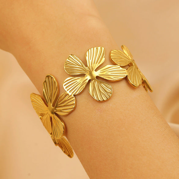 Stainless Steel Geometric Electroplated Wide Face Spring Open Bracelet