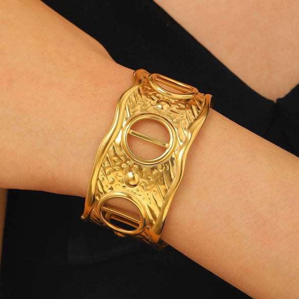 Stainless Steel Geometric Electroplated Wide Face Spring Open Bracelet