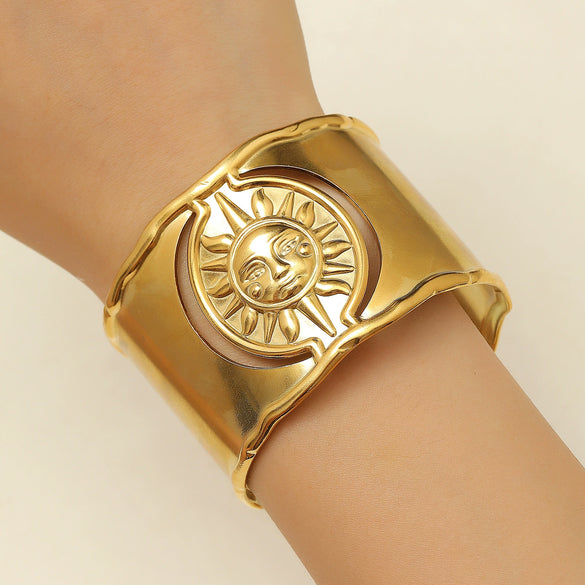 Stainless Steel Geometric Electroplated Wide Face Spring Open Bracelet