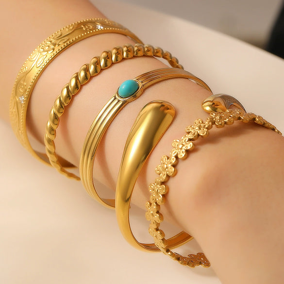 Stainless Steel Geometric Electroplated Wide Face Spring Open Bracelet