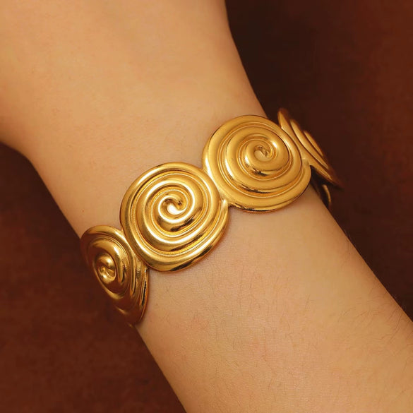 Stainless Steel Geometric Electroplated Wide Face Spring Open Bracelet