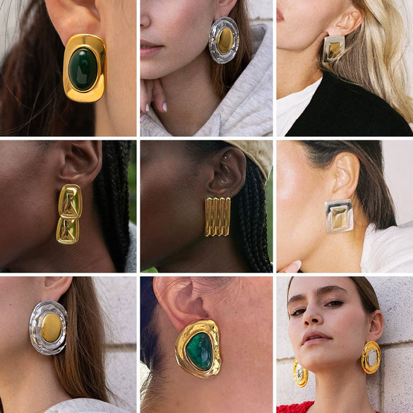 Stainless Steel Geometric Electroplated Women's Exaggerated Cat's Eye Stone Earrings