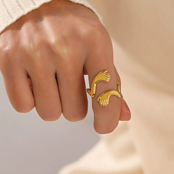 Stainless Steel Geometric Embrace Opening Adjustable Ring For Women With Real Gold Electroplated Treatment