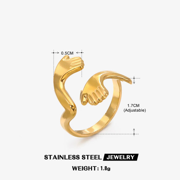 Stainless Steel Geometric Embrace Opening Adjustable Ring For Women With Real Gold Electroplated Treatment