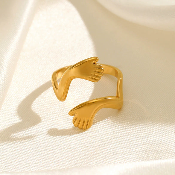 Stainless Steel Geometric Embrace Opening Adjustable Ring For Women With Real Gold Electroplated Treatment