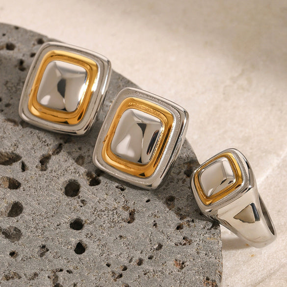 Stainless Steel Geometric Exaggerated Earrings And Retro Ring Jewelry With Electroplating