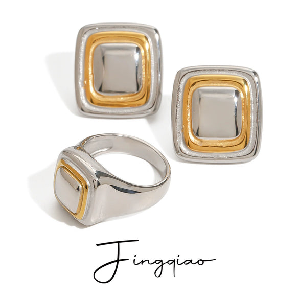 Stainless Steel Geometric Exaggerated Earrings And Retro Ring Jewelry With Electroplating