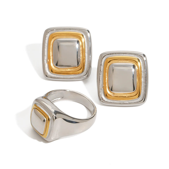 Stainless Steel Geometric Exaggerated Earrings And Retro Ring Jewelry With Electroplating