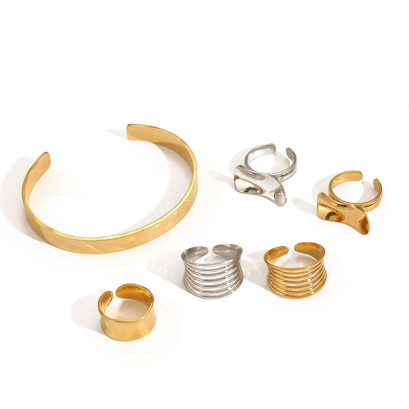 Stainless Steel Geometric Fashion Jewelry Set For Women Ring Bracelet And Earrings With Electroplating