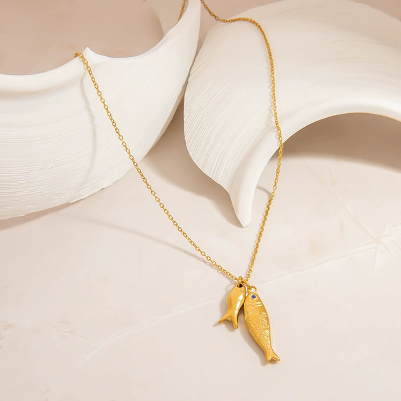 Stainless Steel Geometric Fish Pendant Necklace For Women With 18K Gold Electroplated Cross Chain